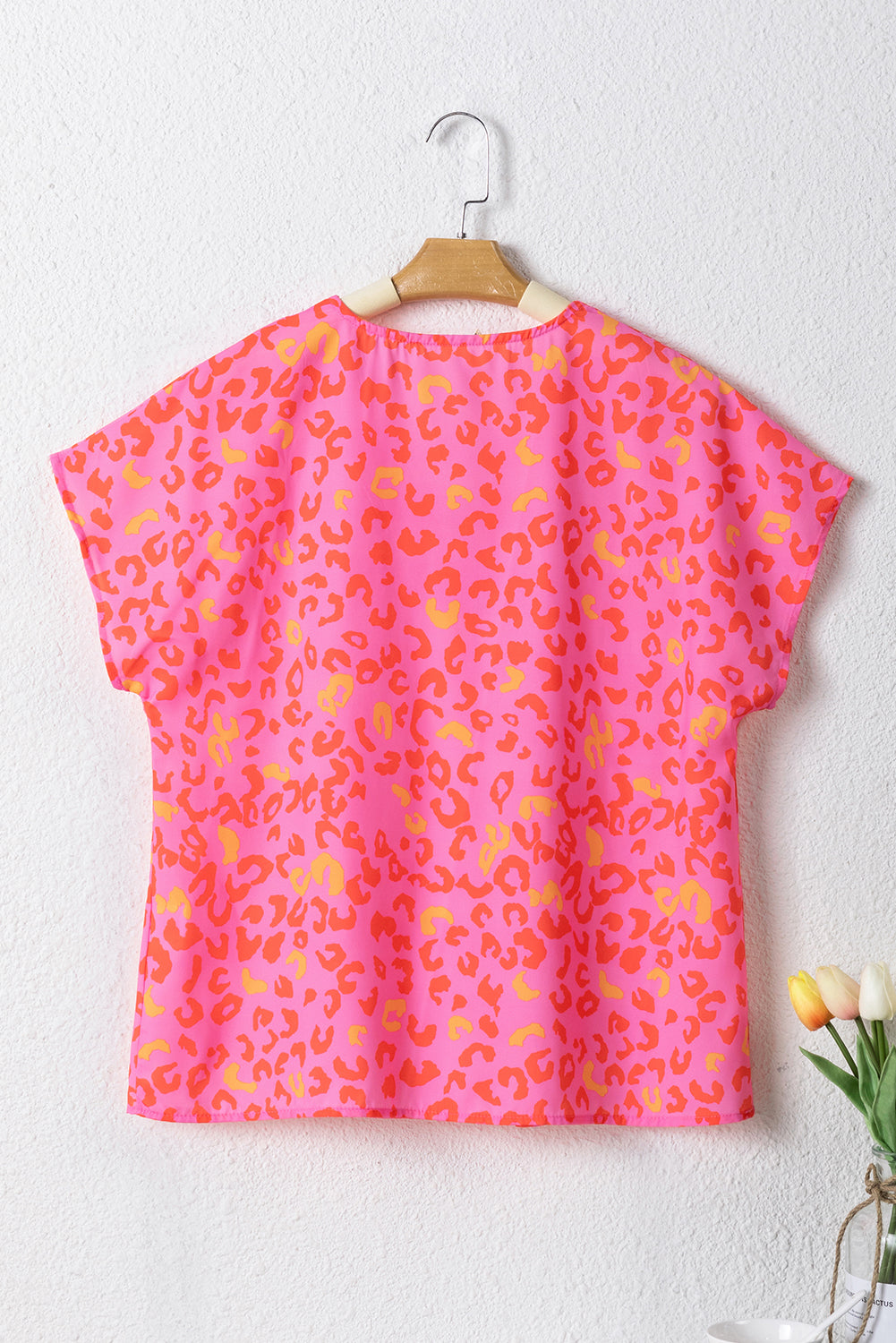 Women's Blouse Featuring Short-Sleeve Leopard-Print V Neck
