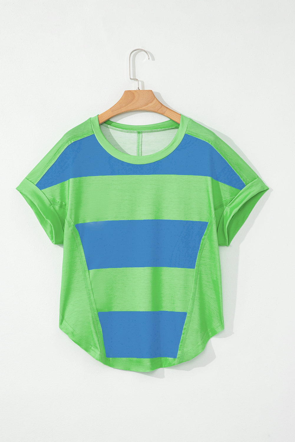 Blue Green Colorblock Rounded Hem Loose T Shirt