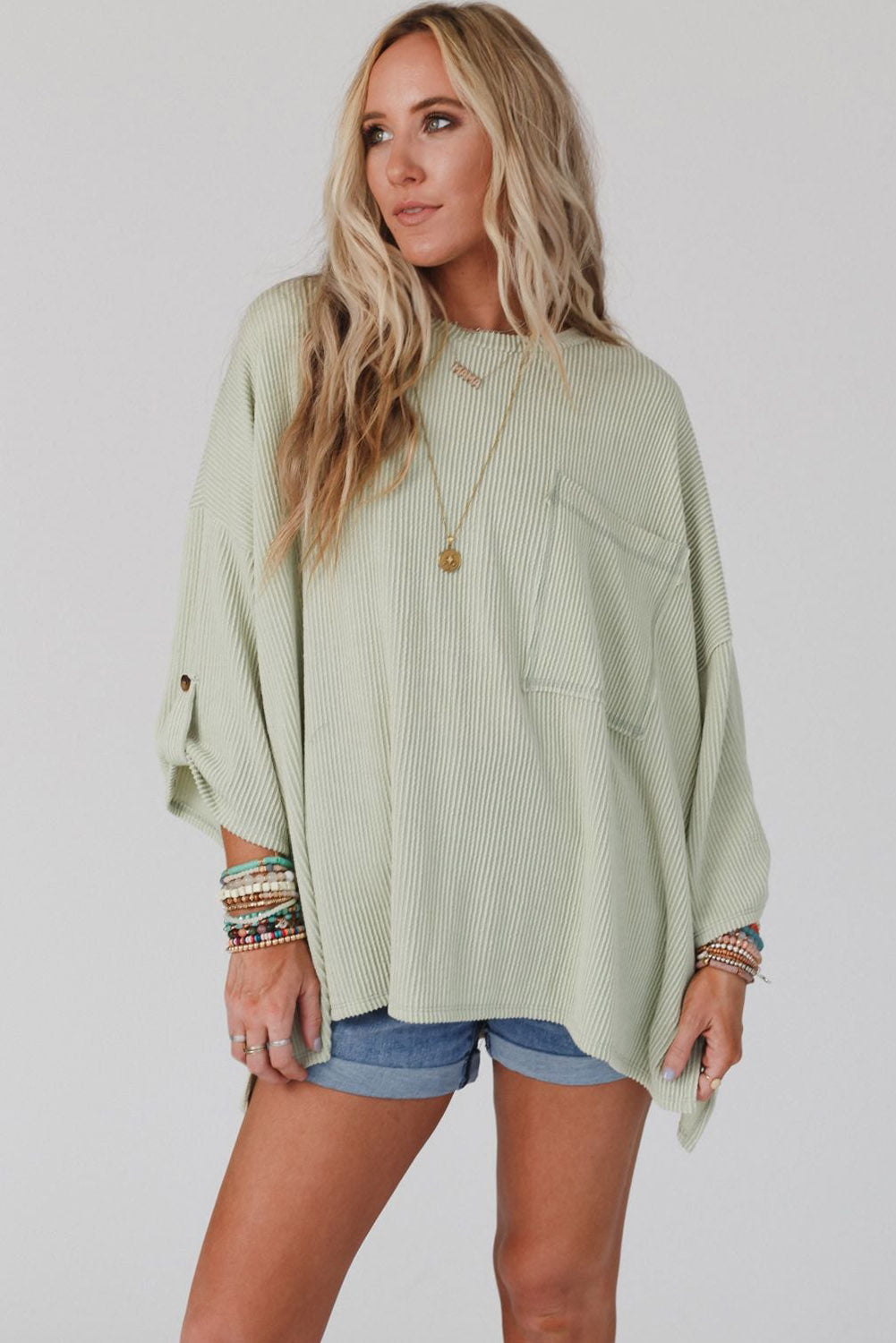 Women's Rib-Knitted Roll-tab Sleeve Oversize Top