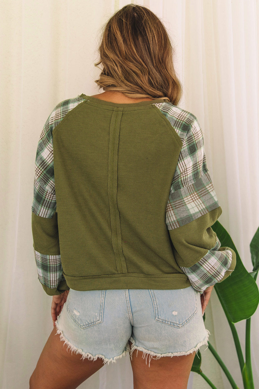 Women's Top with Bubble Sleeve Plaid Knitted