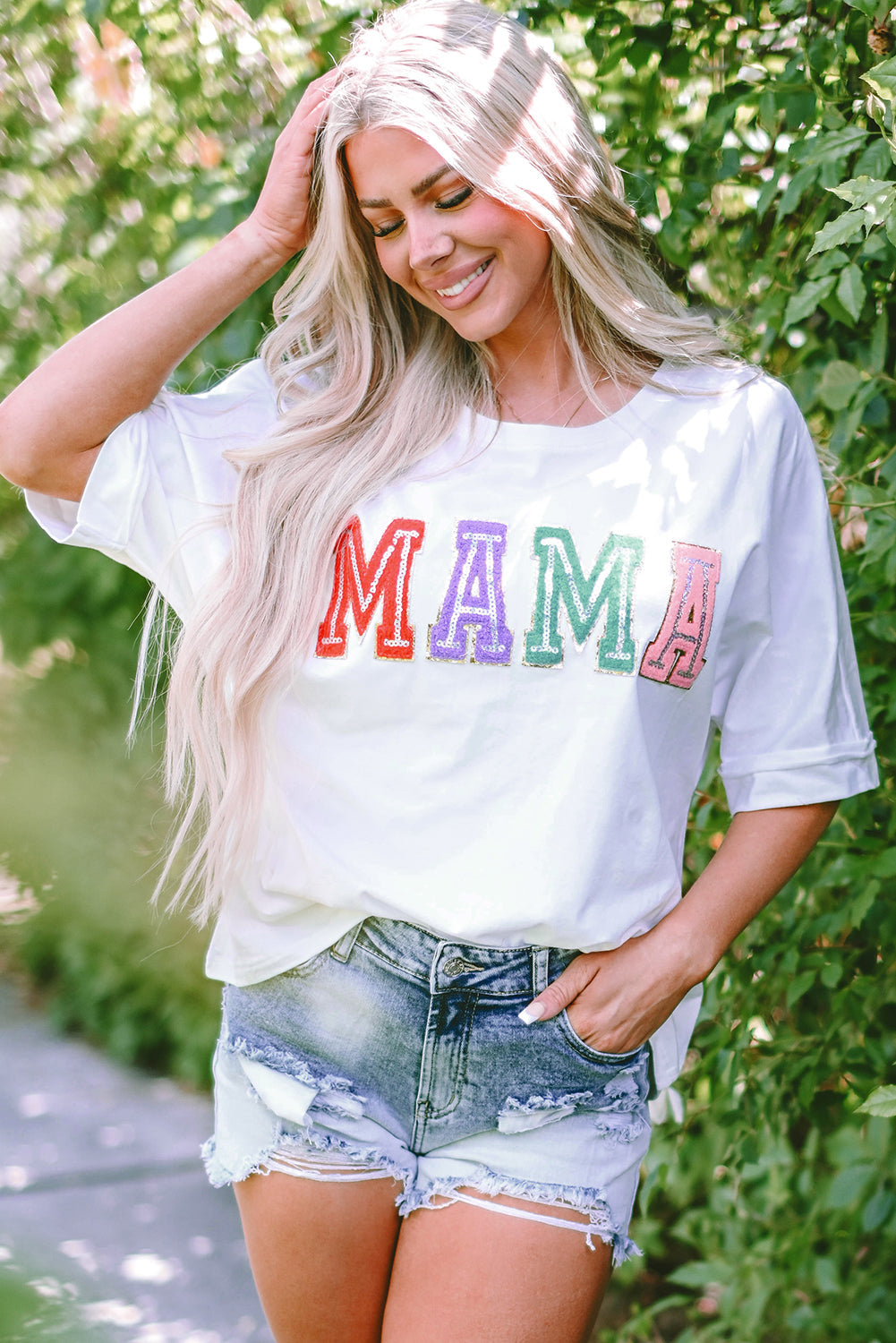 Women's Chenille Patched Crew Neck T Shirt