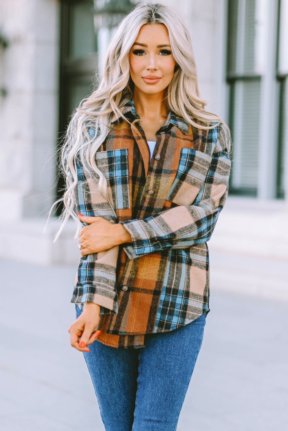 Women's Pockets Featuring Button-Front Shirt with Plaid Color-Block