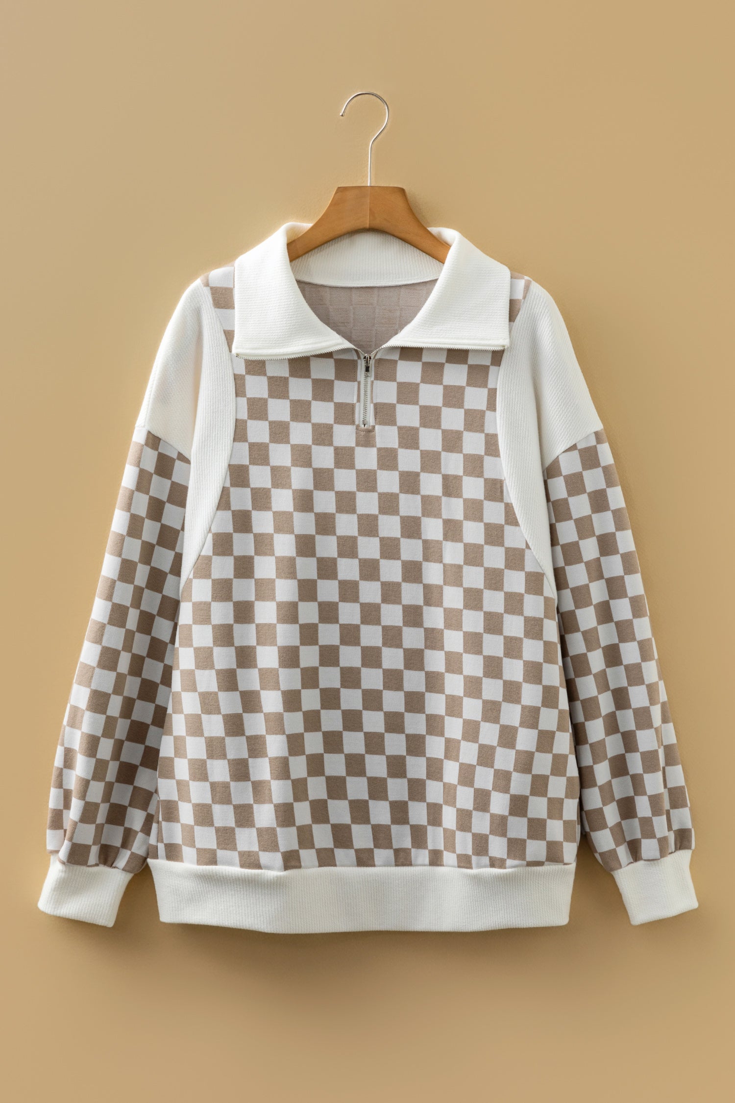 Quarter Patchwork Zip Rib-Knit Loose Sweatshirt