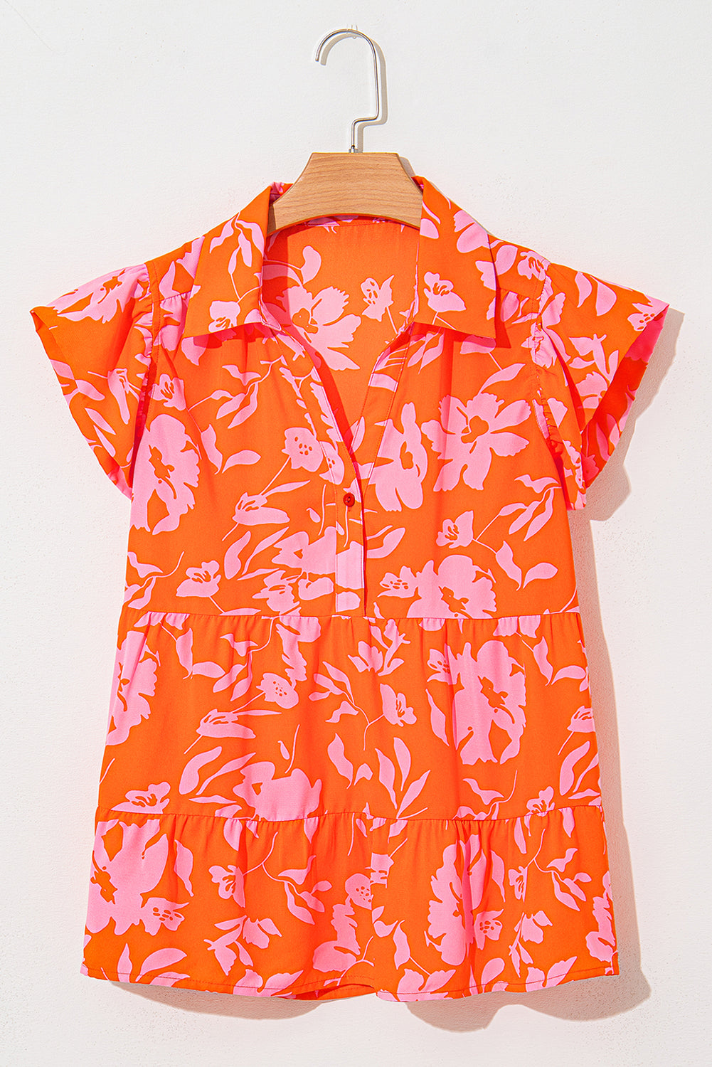 Orange Floral Print Collared Flutter Sleeve Blouse