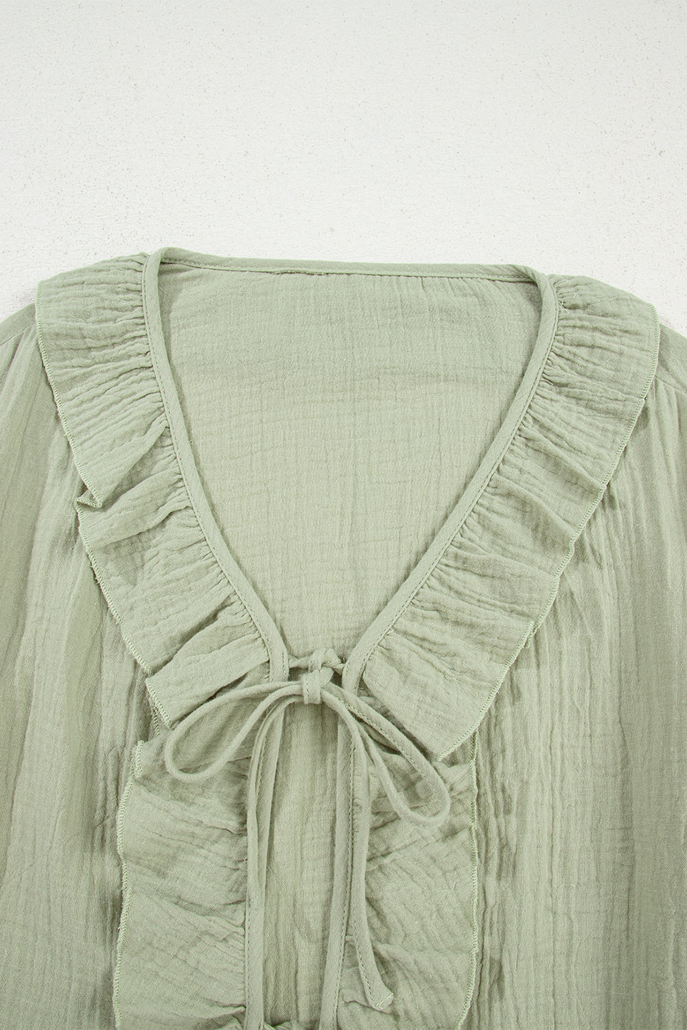 Bow Ruffle Tie Front Trim V-Neck Long-Sleeved Gauze Blouse