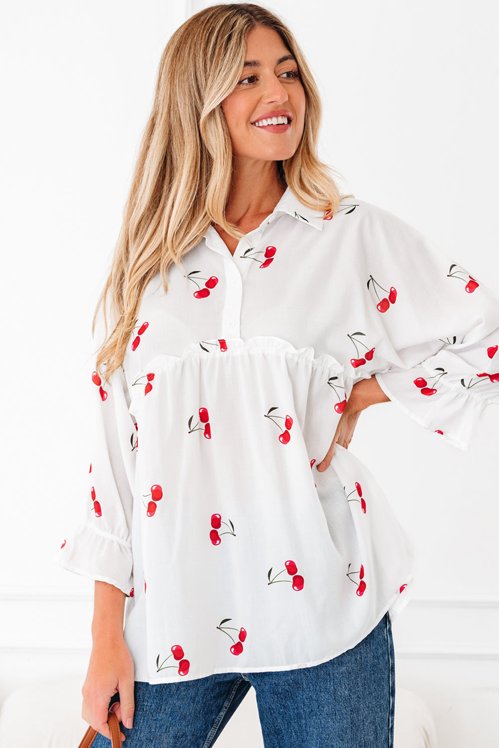 Print Flounce Cherry Flounce Sleeve Collared Frilled Babydoll Blouse