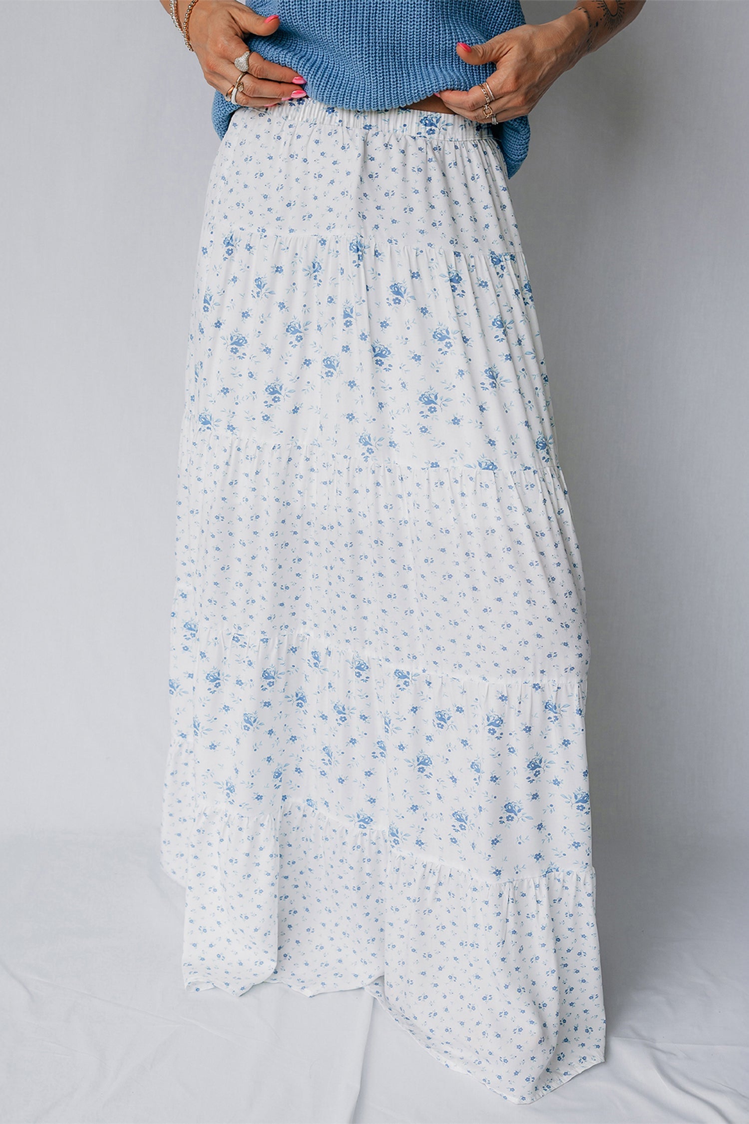 Blue Polished Sky High-Waisted Tiny Floral-Print Boho Maxi Skirt