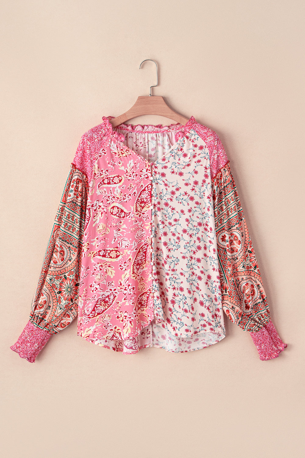 Floral Printed Mixed Printed Puff Sleeve V-Neck Shirt