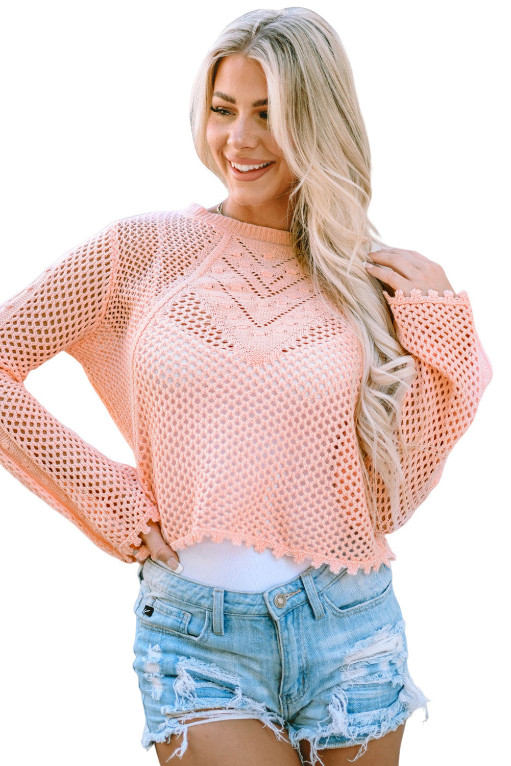 Women's Sweater with Bell Sleeve Eyelets Knitted