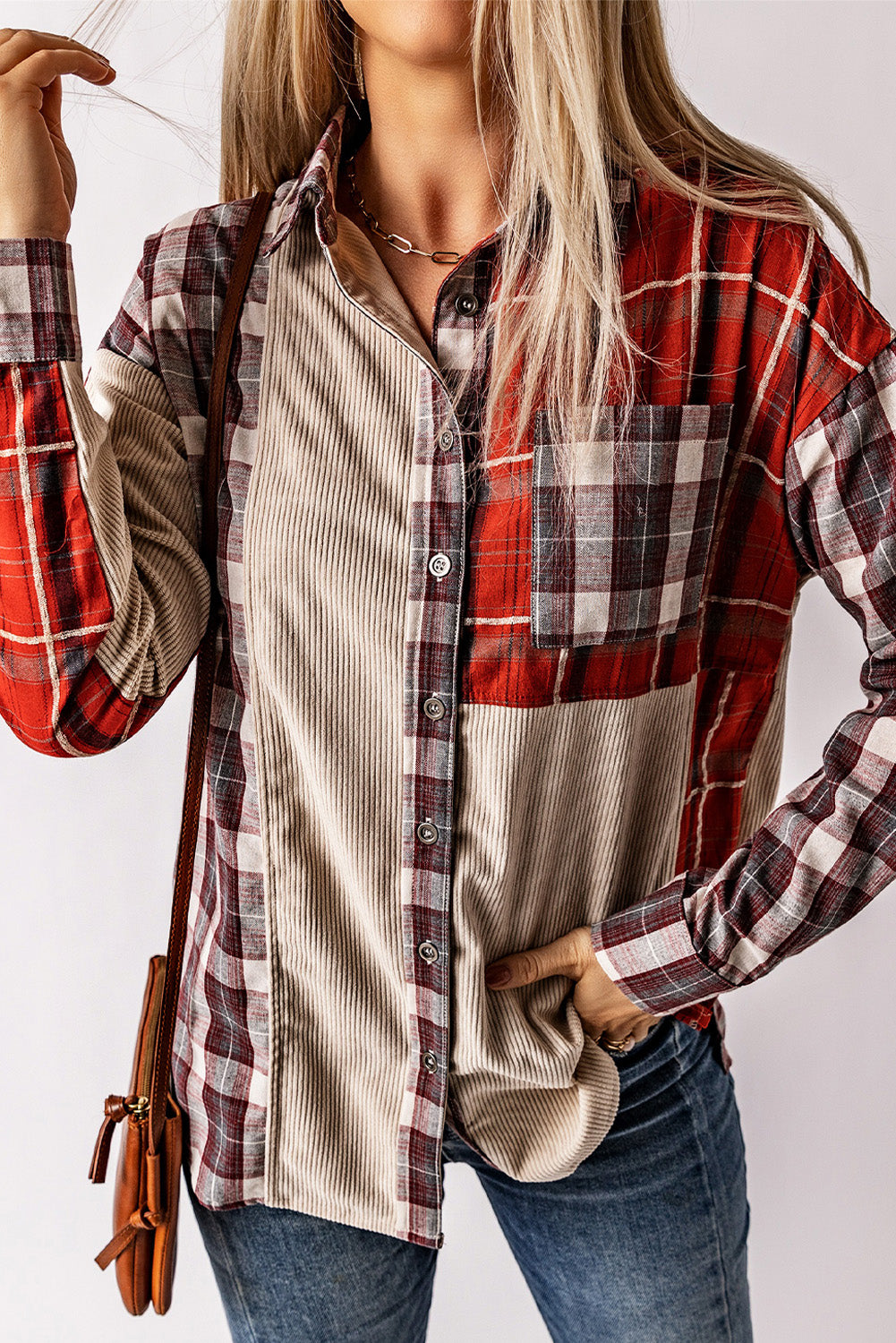Women's Patchwork Plaid Cord Shacket