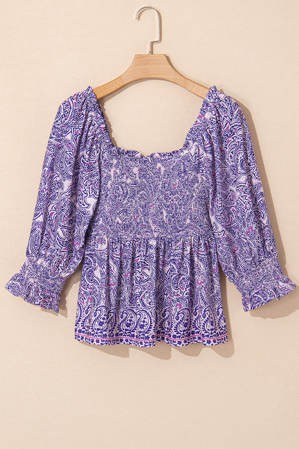 Purple Boho Paisley Print Shirred Peplum Blouse