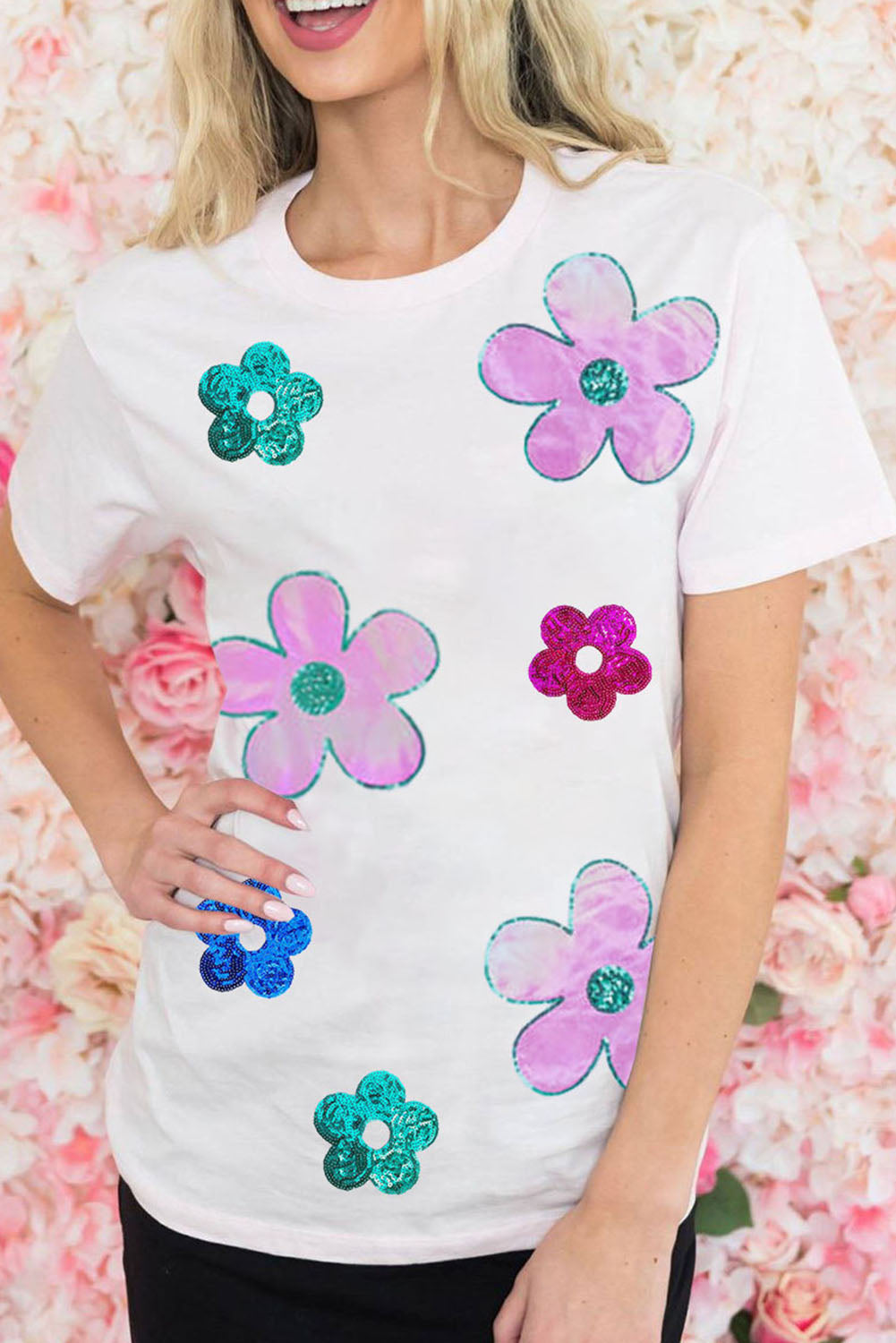T Shirt for Women Sequined Flower Pattern Round Neck