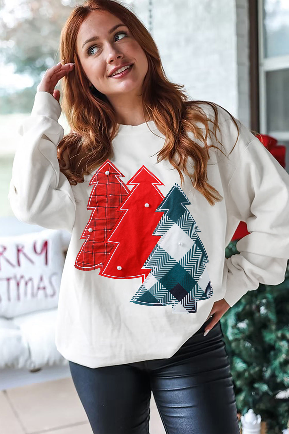 Pearl Plaid Christmas Tree Patched Drop-Shoulder Sweatshirt