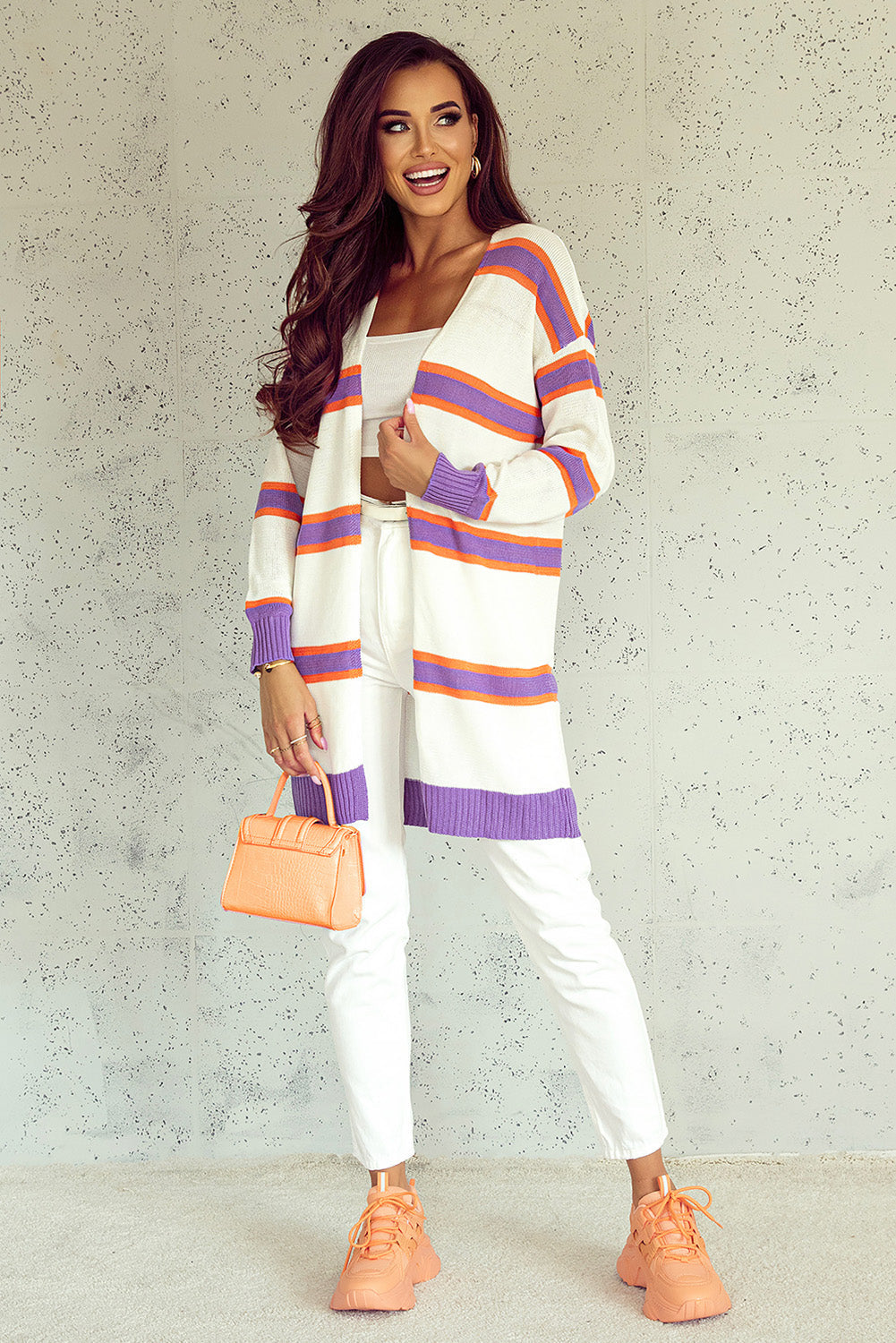 Women's Striped Rib-Knitted Trim Button Cardigan