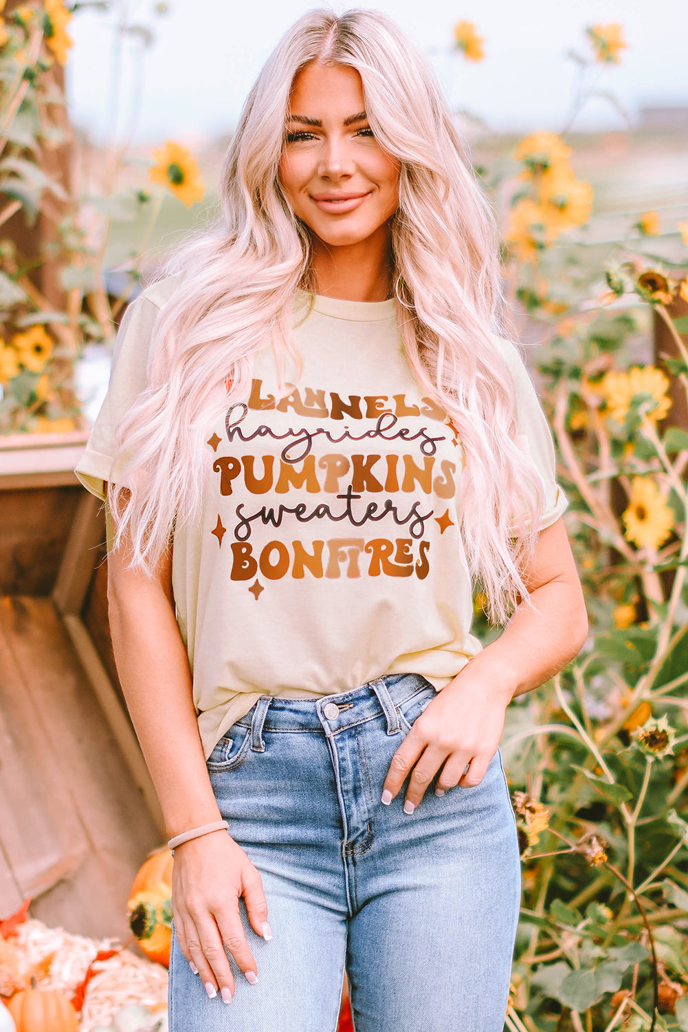 Women's Tee Featuring Bonfires Flannels Hayrides Pumpkins Sweaters