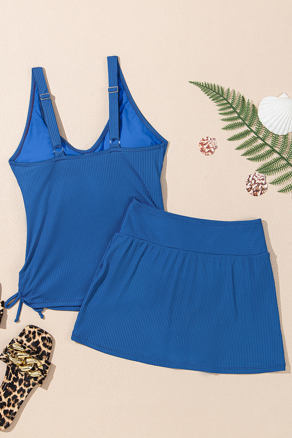 Knit Crossed Rib-Knit Crossed Detail Tank Skort 2pcs Swimsuit in Sky Blue