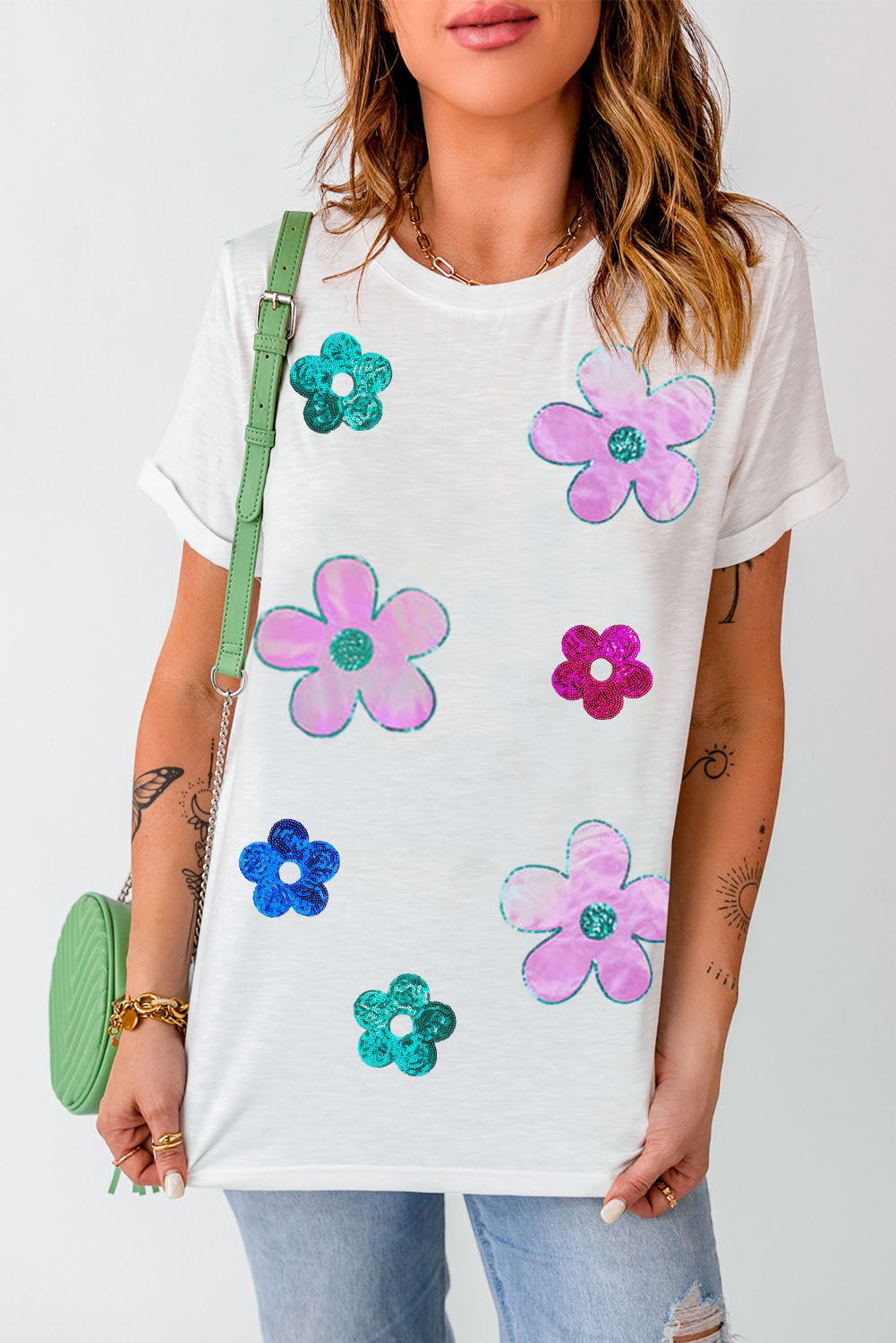 T Shirt for Women Sequined Flower Pattern Round Neck
