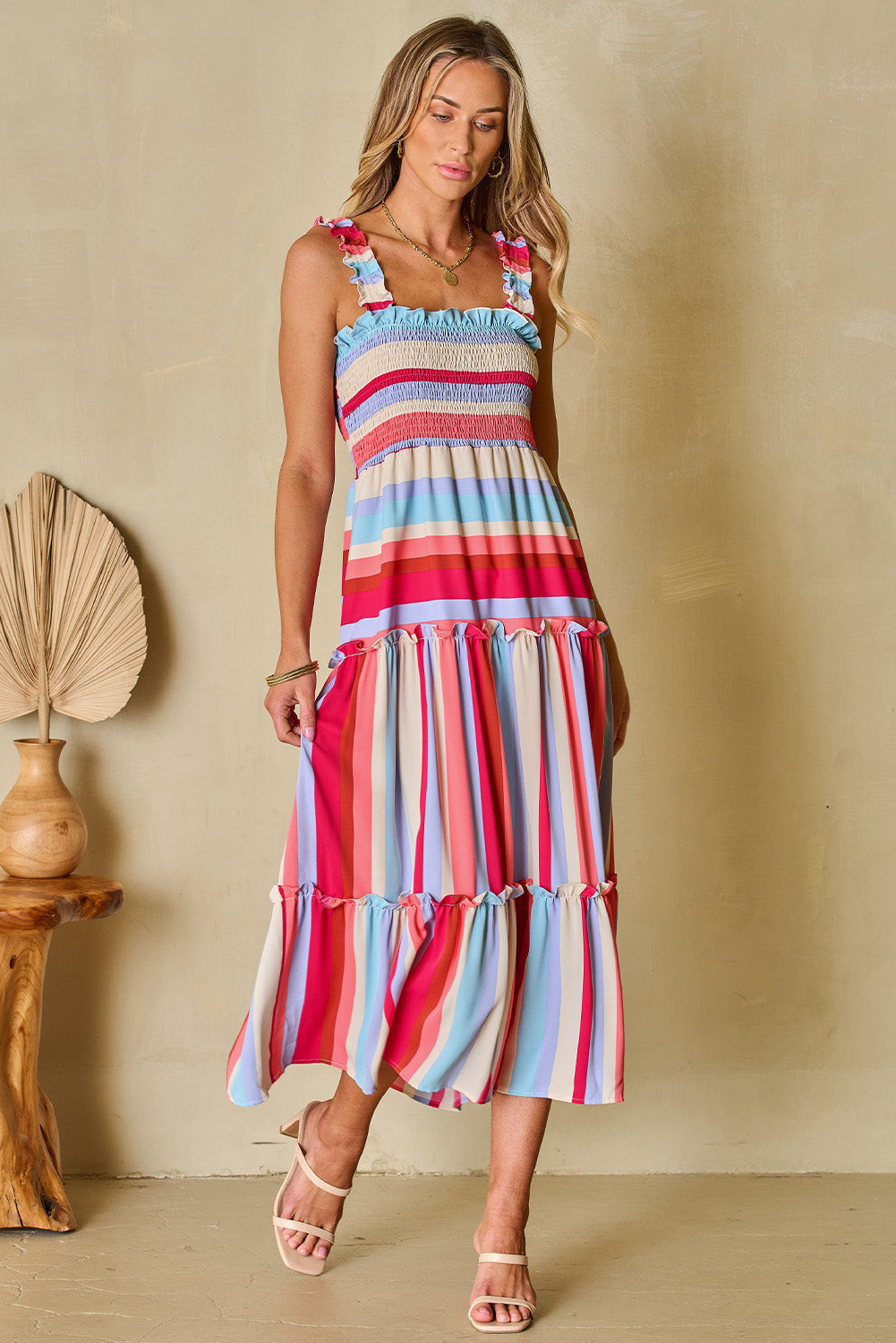 Women's Dress Featuring Ruffle-Trimmed Straps Shirred Layered