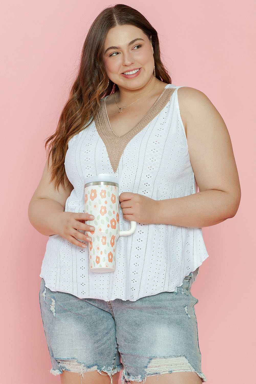 Women's Tank Top Featuring Lace-Trimmed Plus Size V Neck