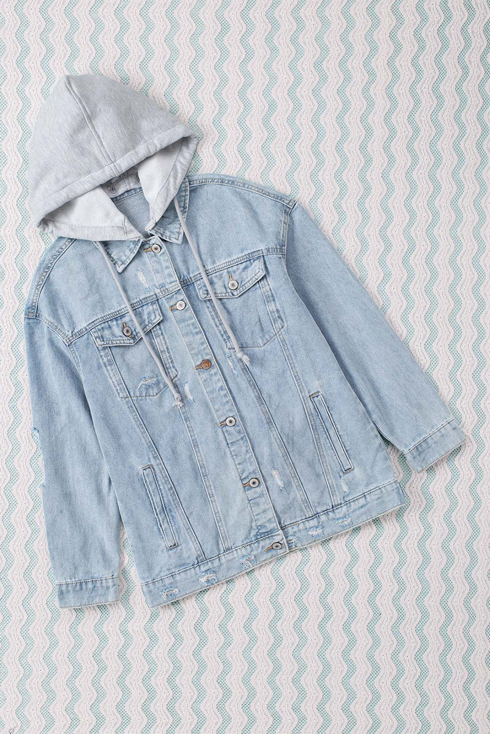 Women's Ripped Hooded Button Closure Denim Jacket