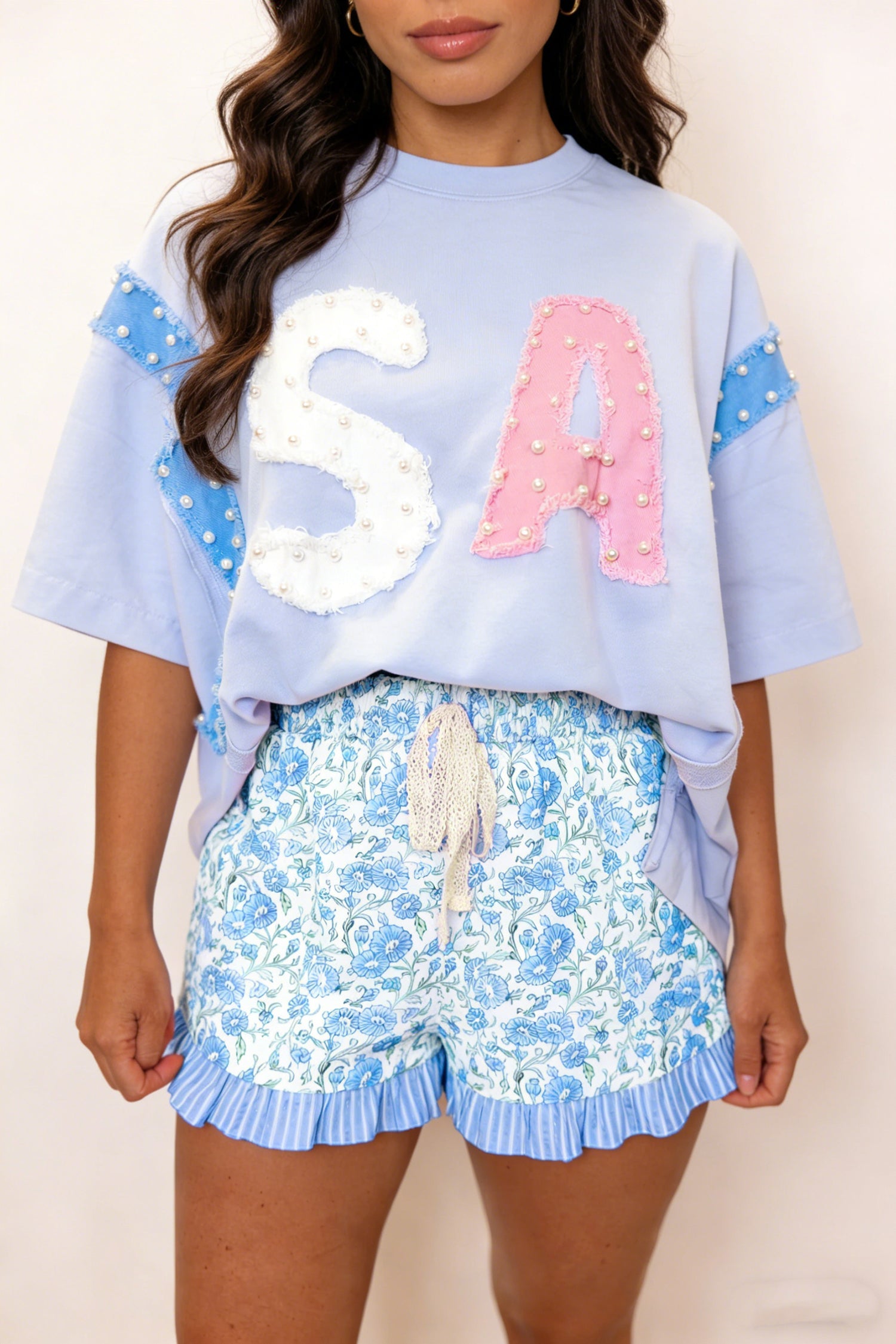 Floral Striped Summer Striped Ruffle Hem Lace Tie Shorts in Sky Blue