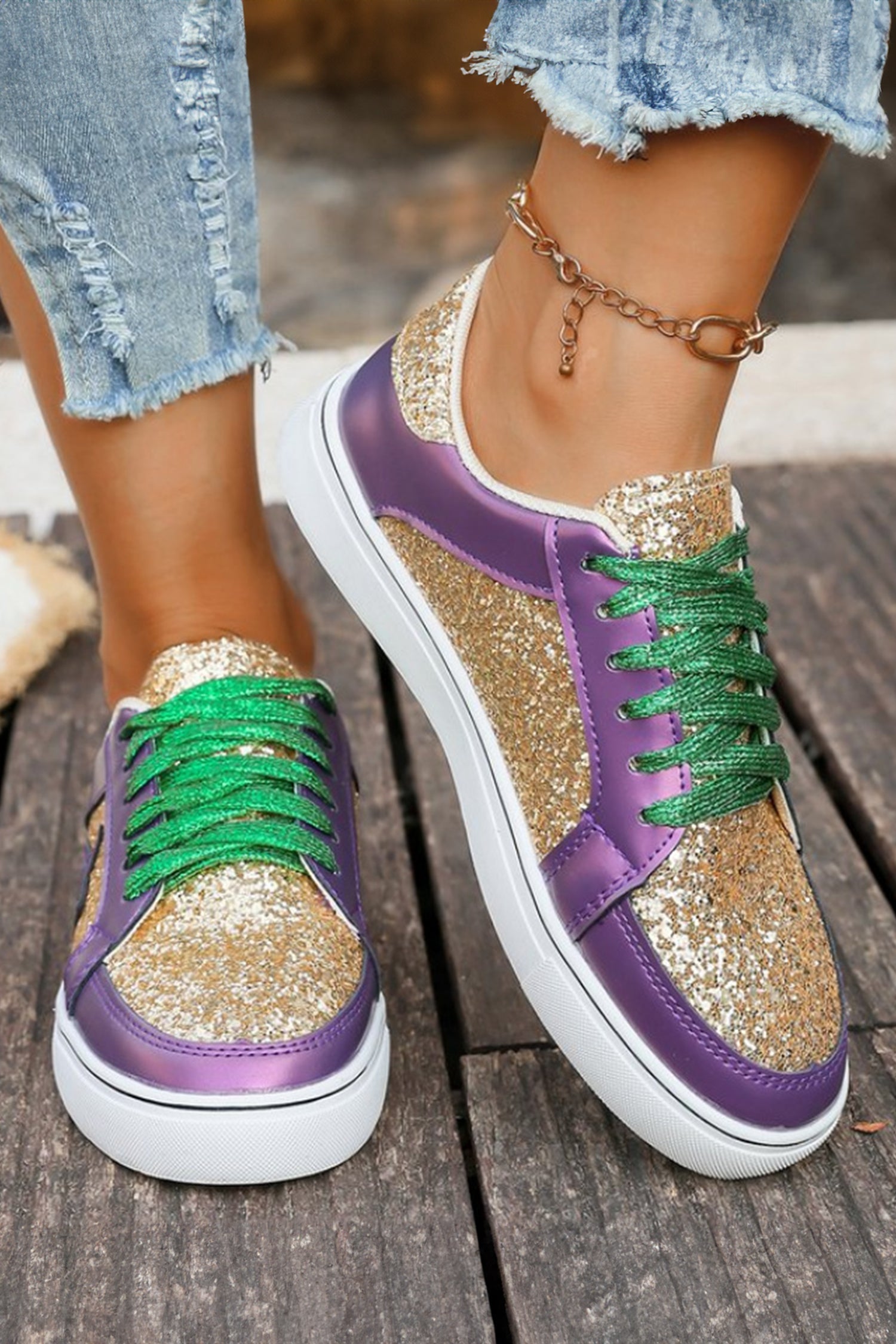 Dearlove Patchwork Glitter Star PU Leather Lace-up Sneakers in Purple