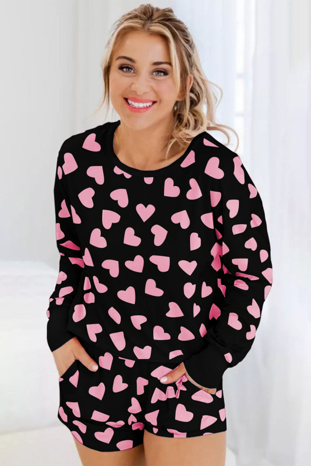 Shape Valentine Heart Print Long-Sleeved Top Shorts Lounge Set
