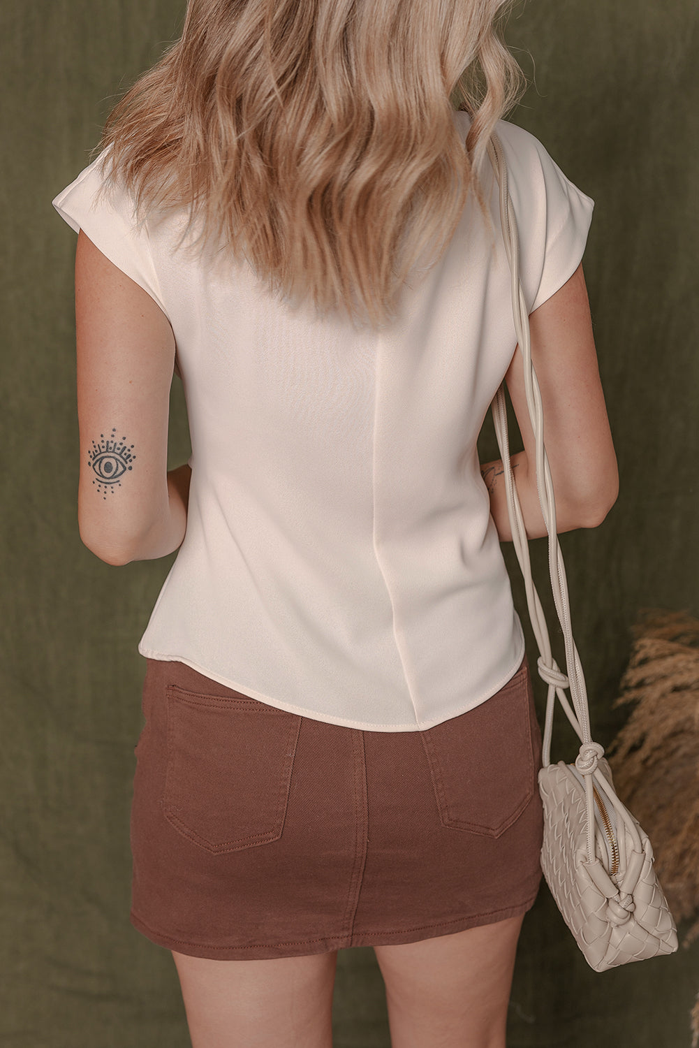 Surplice V-Neck Knotted Ruched Short-Sleeved Peplum Blouse