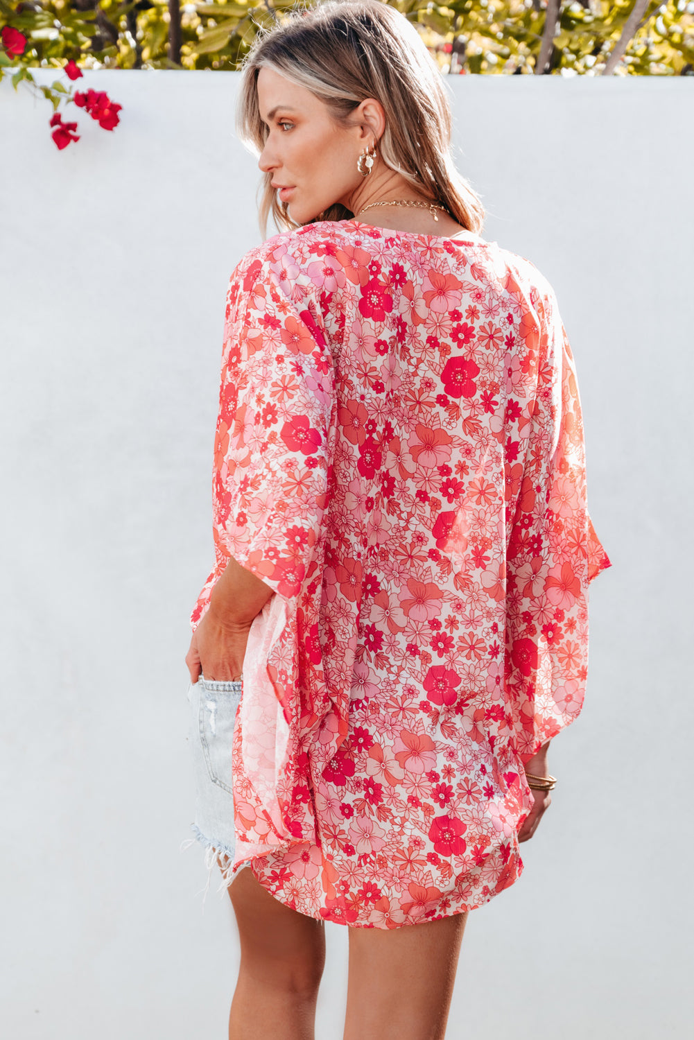 Blouse for Women V Neck Kimono Style Bohemian Floral-Print