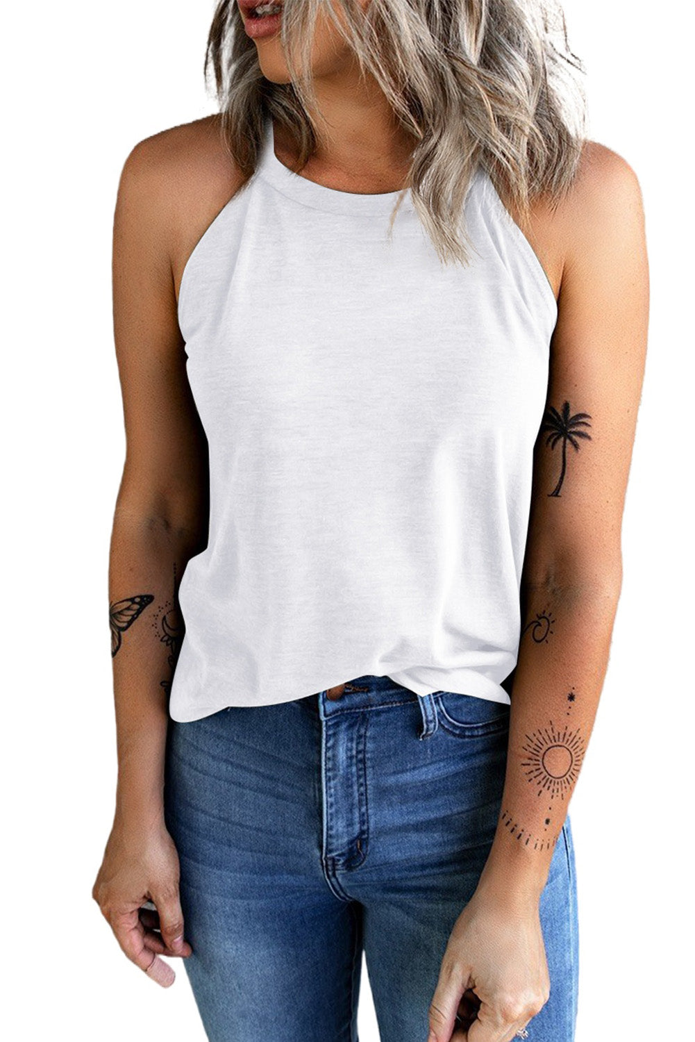 Women's Tank Top Featuring White Crew Neck