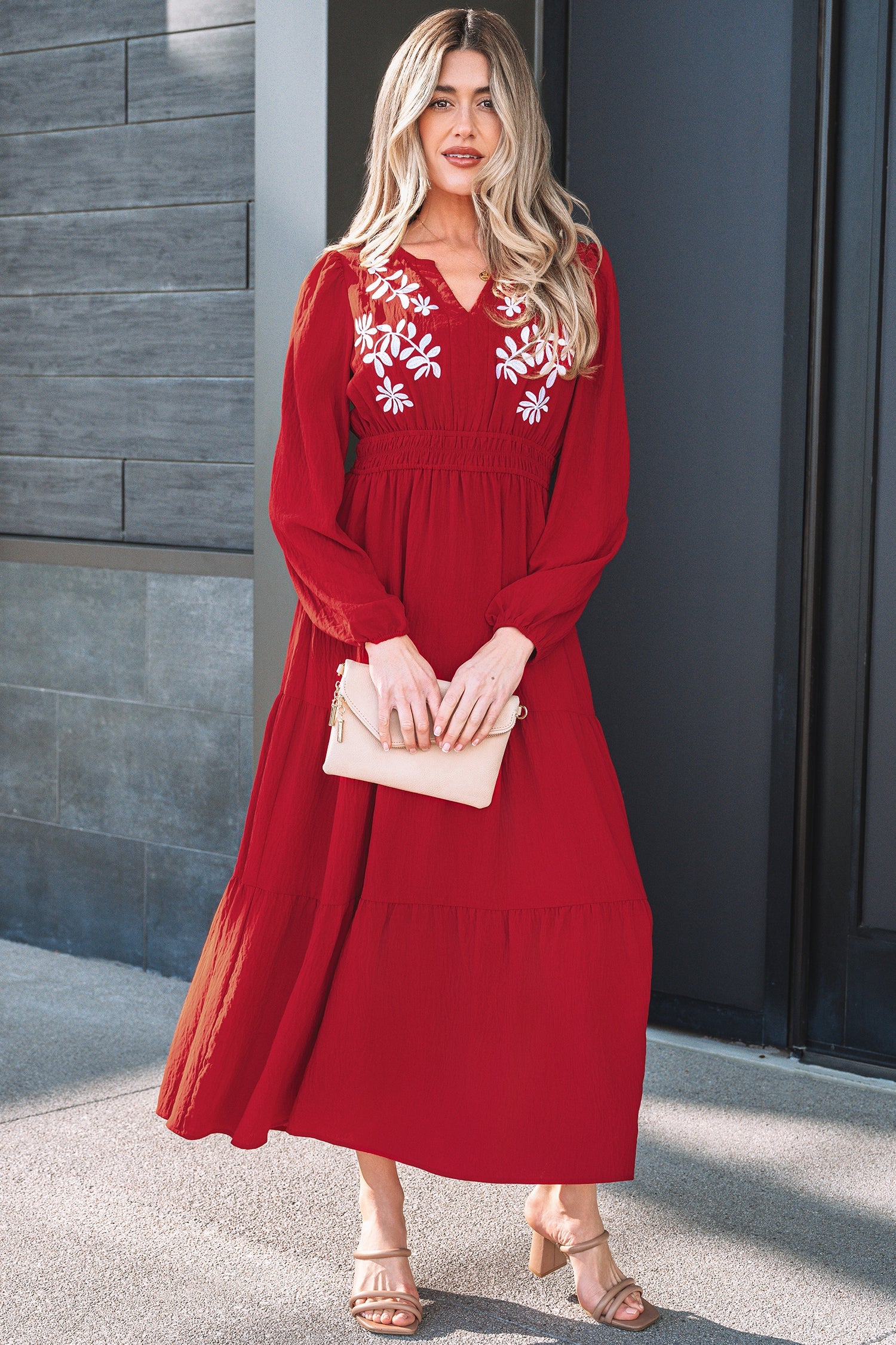 Detail Cinched Embroidered Cinched Waist Tiered Long-Sleeved Maxi Dress in Red
