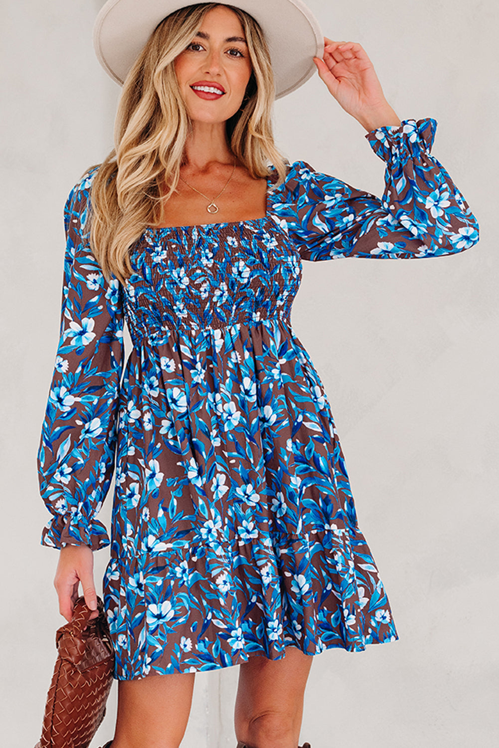 Smocked Bodice High-Waisted Ruffled Sleeve Floral Dress