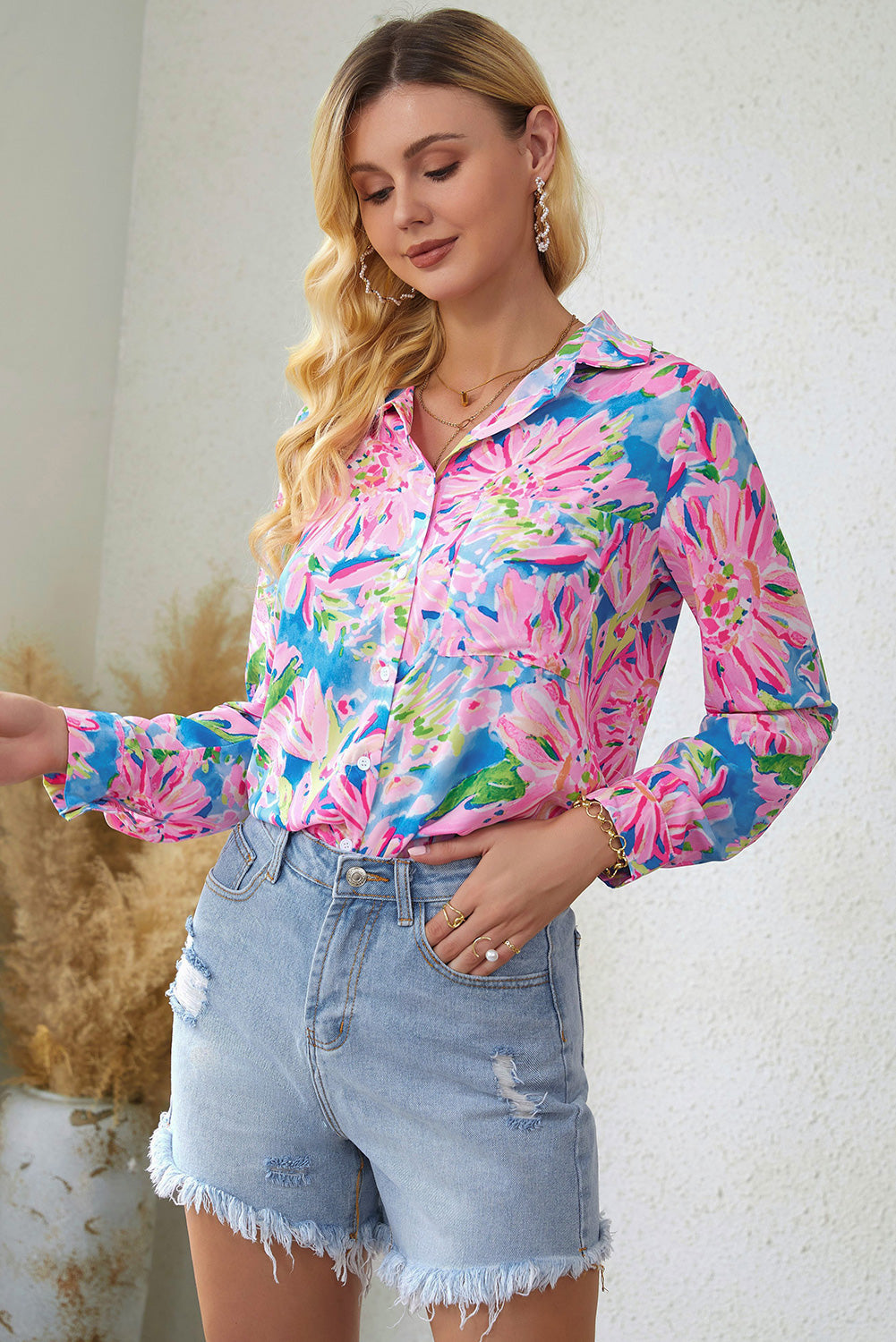 Shirt for Women Sheath Floral-Print Print Button-Front