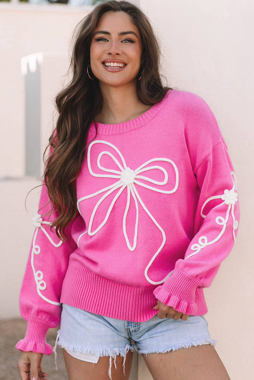 Cute Pink Corded Flower Bow Ribbed Trim Sweater
