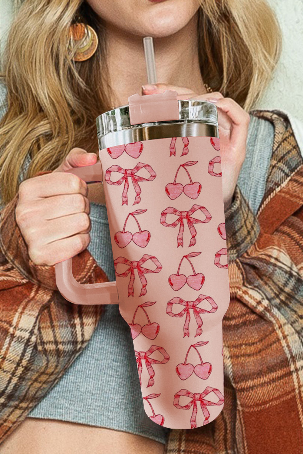 Cherry Bowknot Stylish Large Tumbler with Handle 40oz