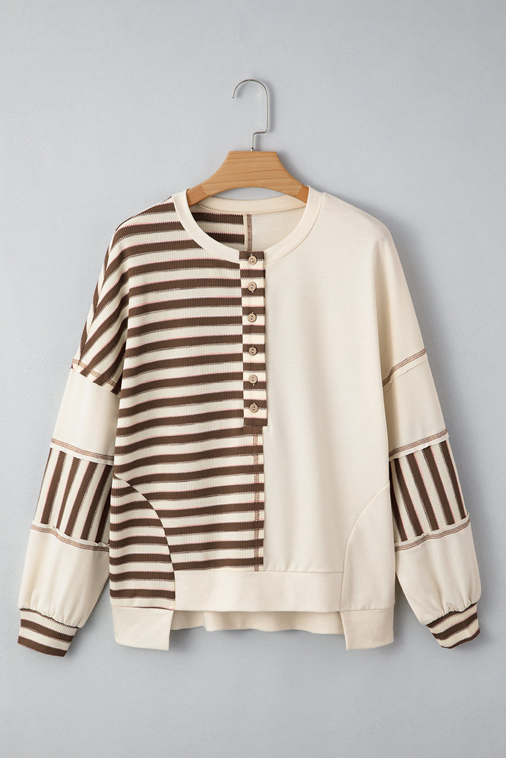 Patchwork Stripe Colorblock Roomy Pullover Top in Khaki