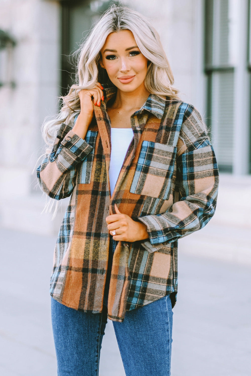 Women's Pockets Featuring Button-Front Shirt with Plaid Color-Block