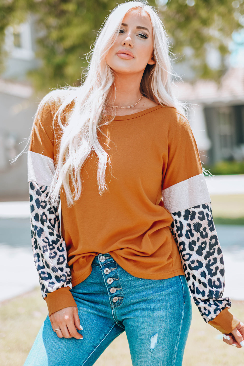 Women's Top with Patchwork Long-Sleeve Leopard-Print