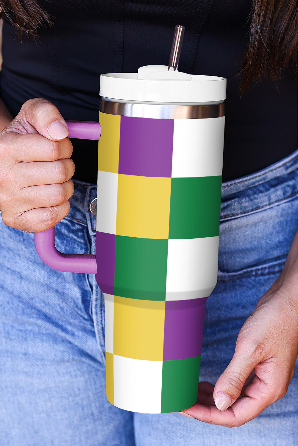 Mardi Print Gras Checkered Handle Large Tumbler 40oz
