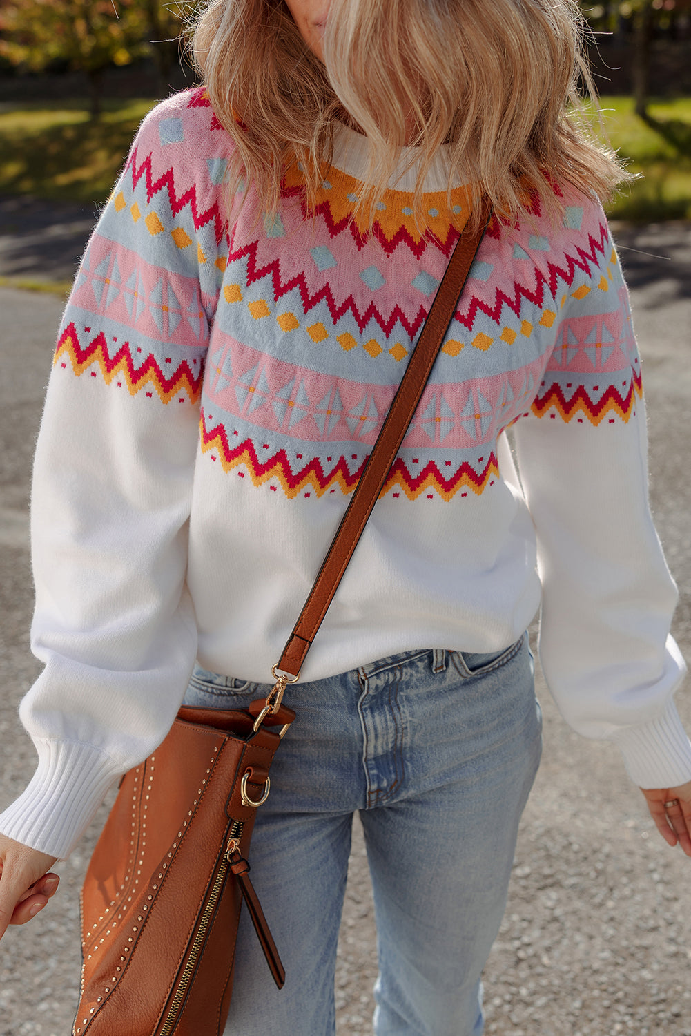 Colorblock Ethnic Geometric Print Drop-Shoulder Knit Top