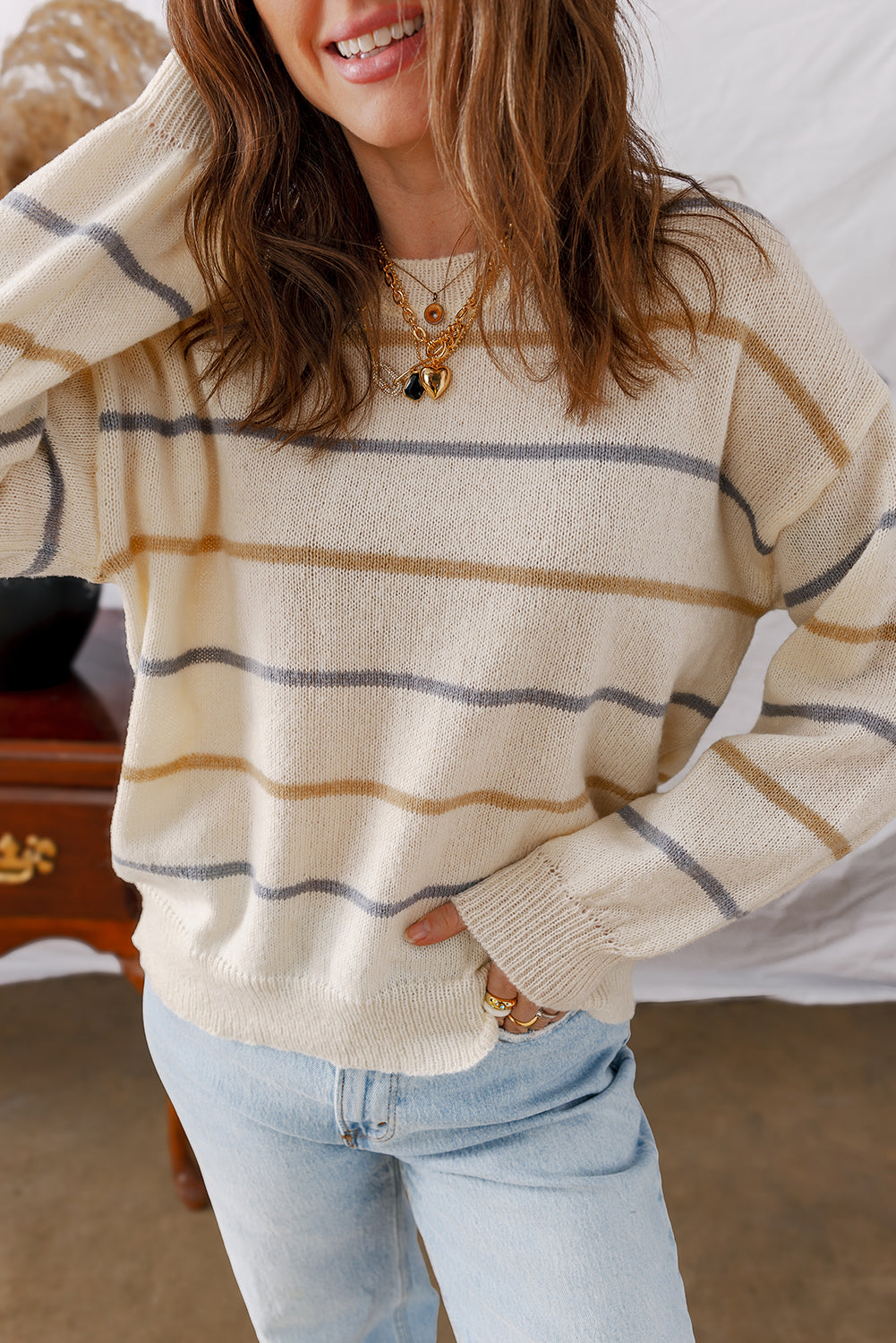 Striped Drop-Shoulder Rib-Knit Edge Knit Top in Multicolour