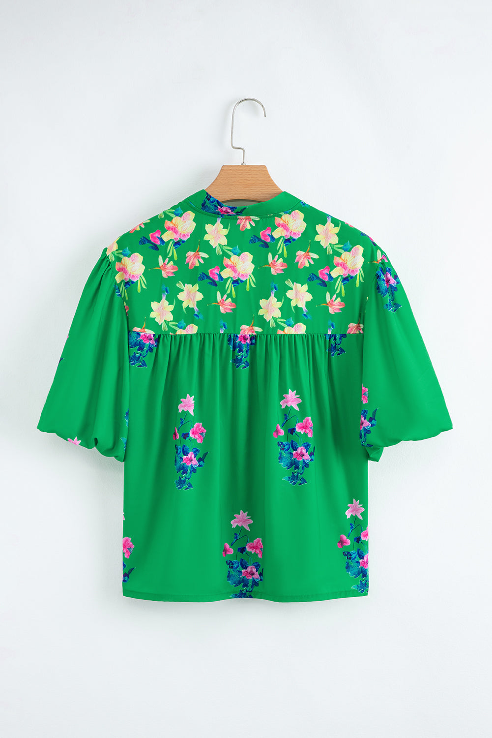 Floral Split Detail Tie Neck Short-Sleeved Blouse