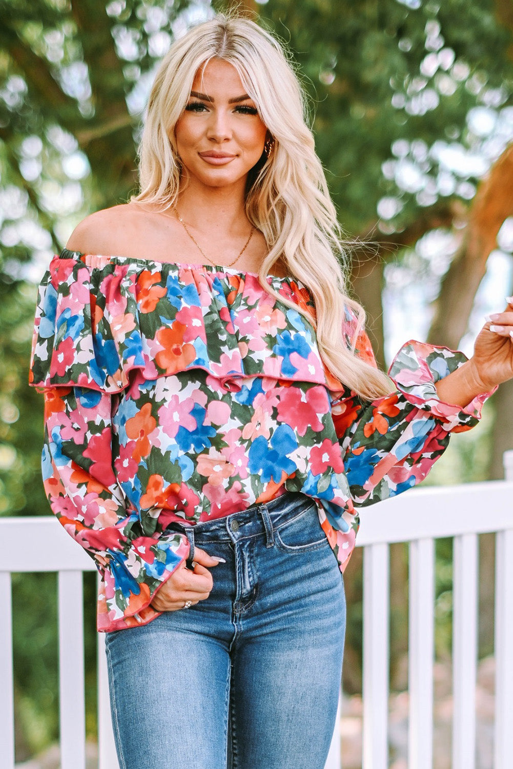 Women's Floral-Print Ruffle-Trimmed Off Shoulder Blouse