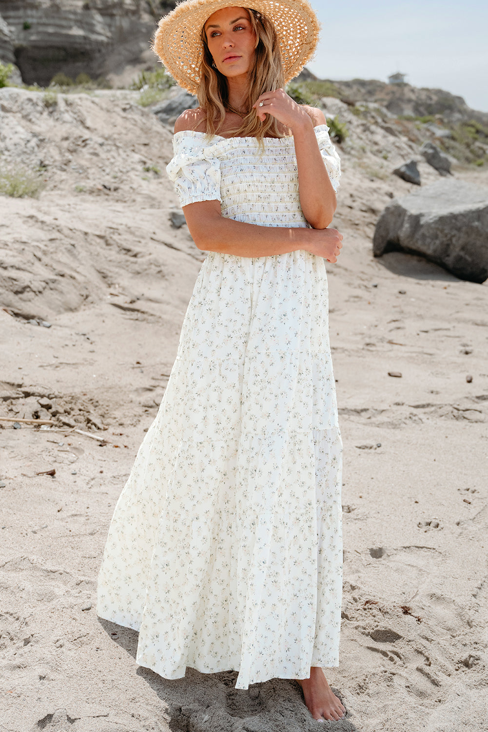 Women's Maxi Dress Featuring Layered Frill-Trimmed Shirred