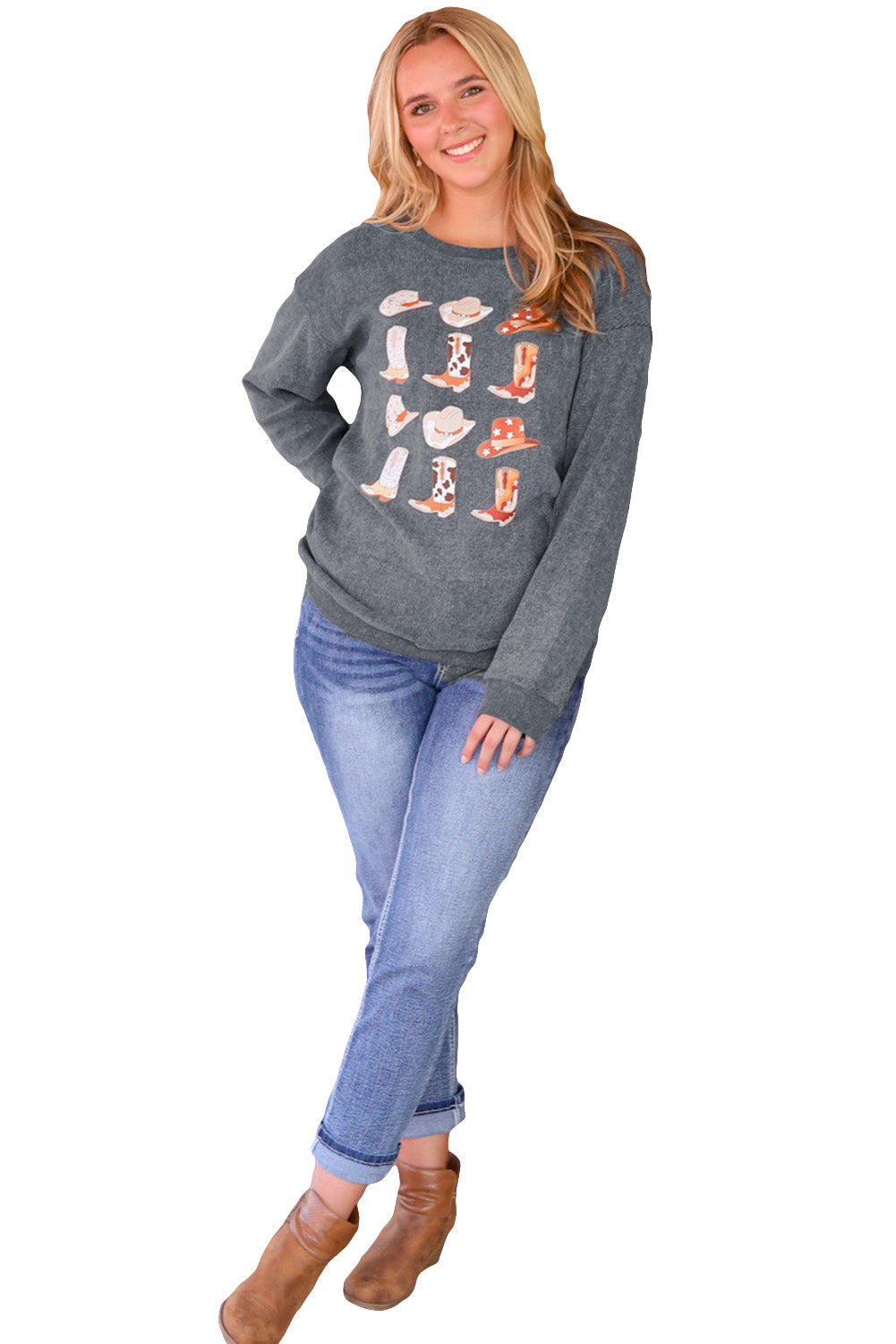 Women's Sweatshirt with Boots Cowboyhat Graphic-Print Corded