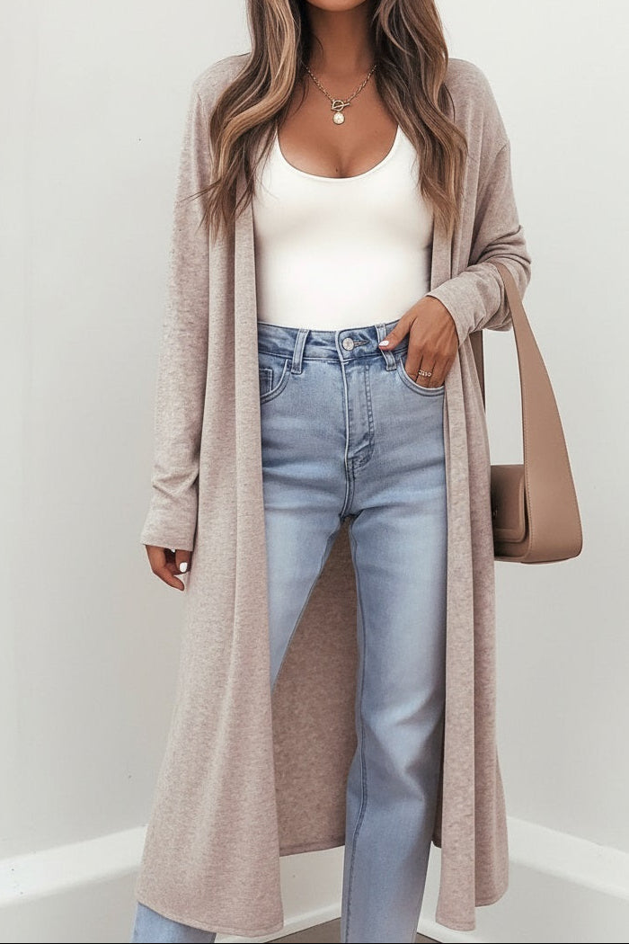 Solid Tunic Long-Sleeved Everyday Shift Cardigan in Parchment