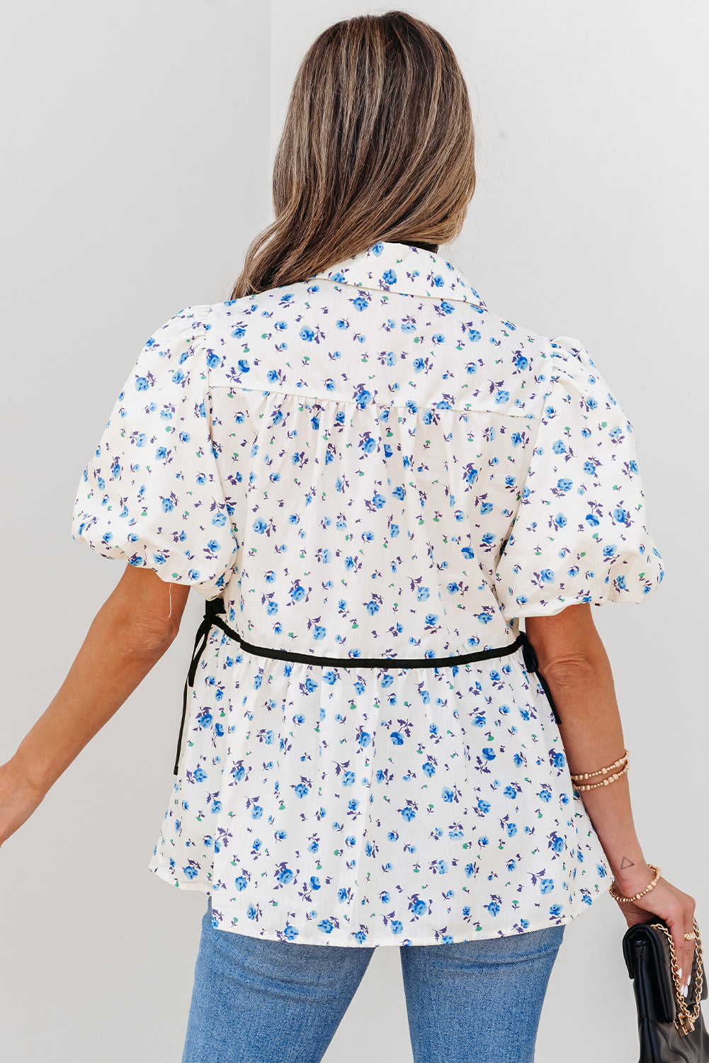Contrast Puff Trim Floral Short-Sleeved Shirt