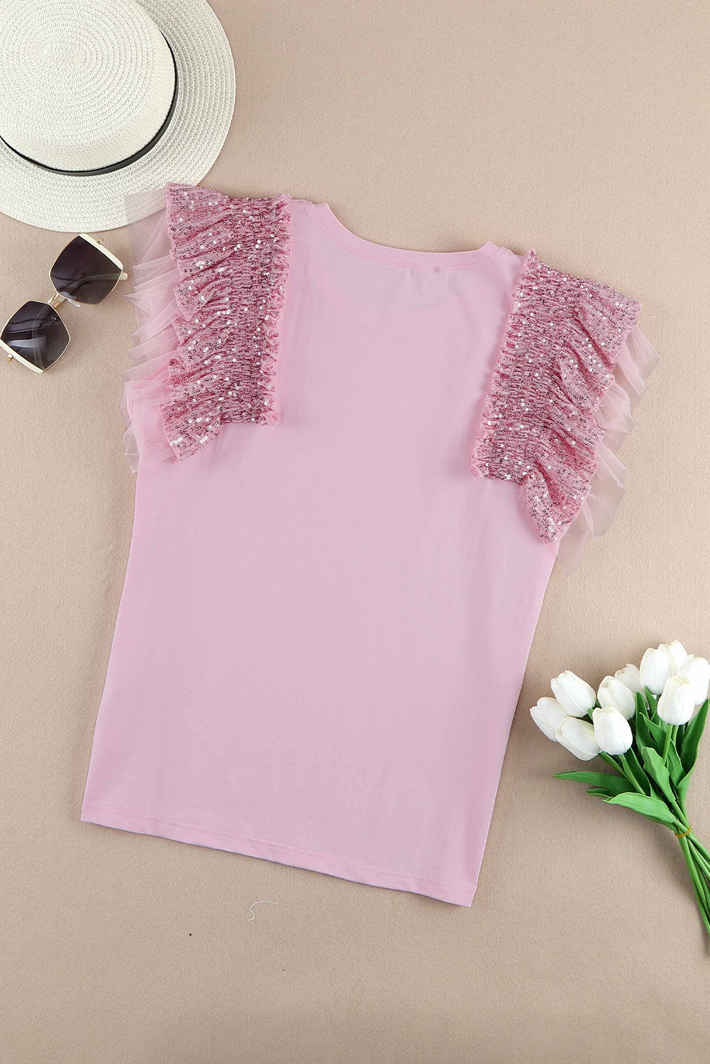 Top for Women Mesh Sleeves Sequined Ruffle-Trimmed