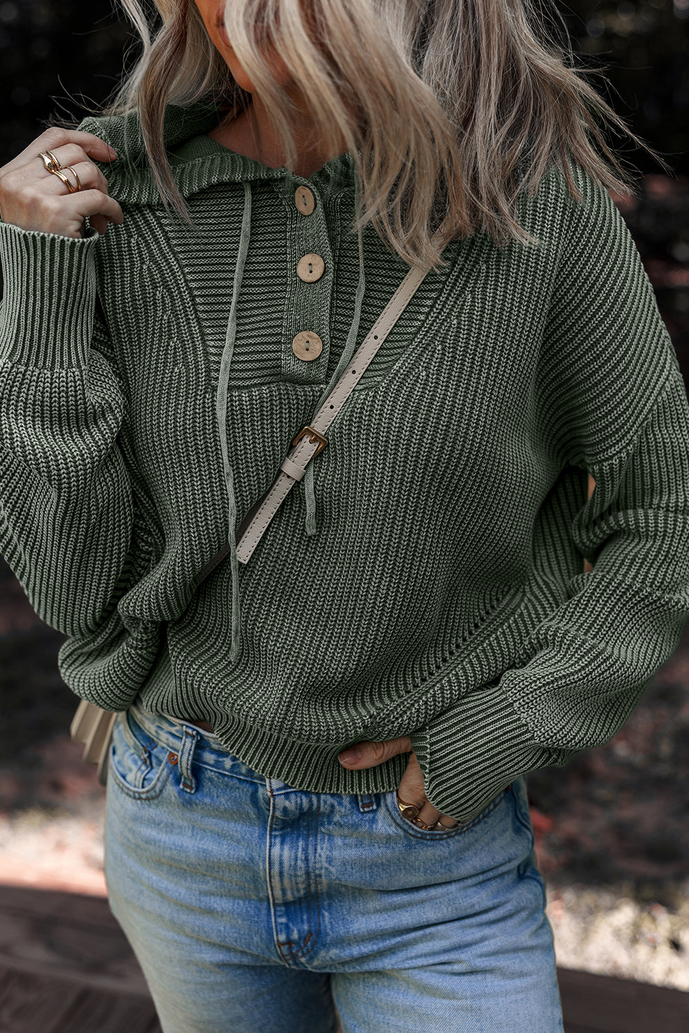 Mineral Wash Rib-Knit Knit Button Drawcord Neck Hooded Knit Top
