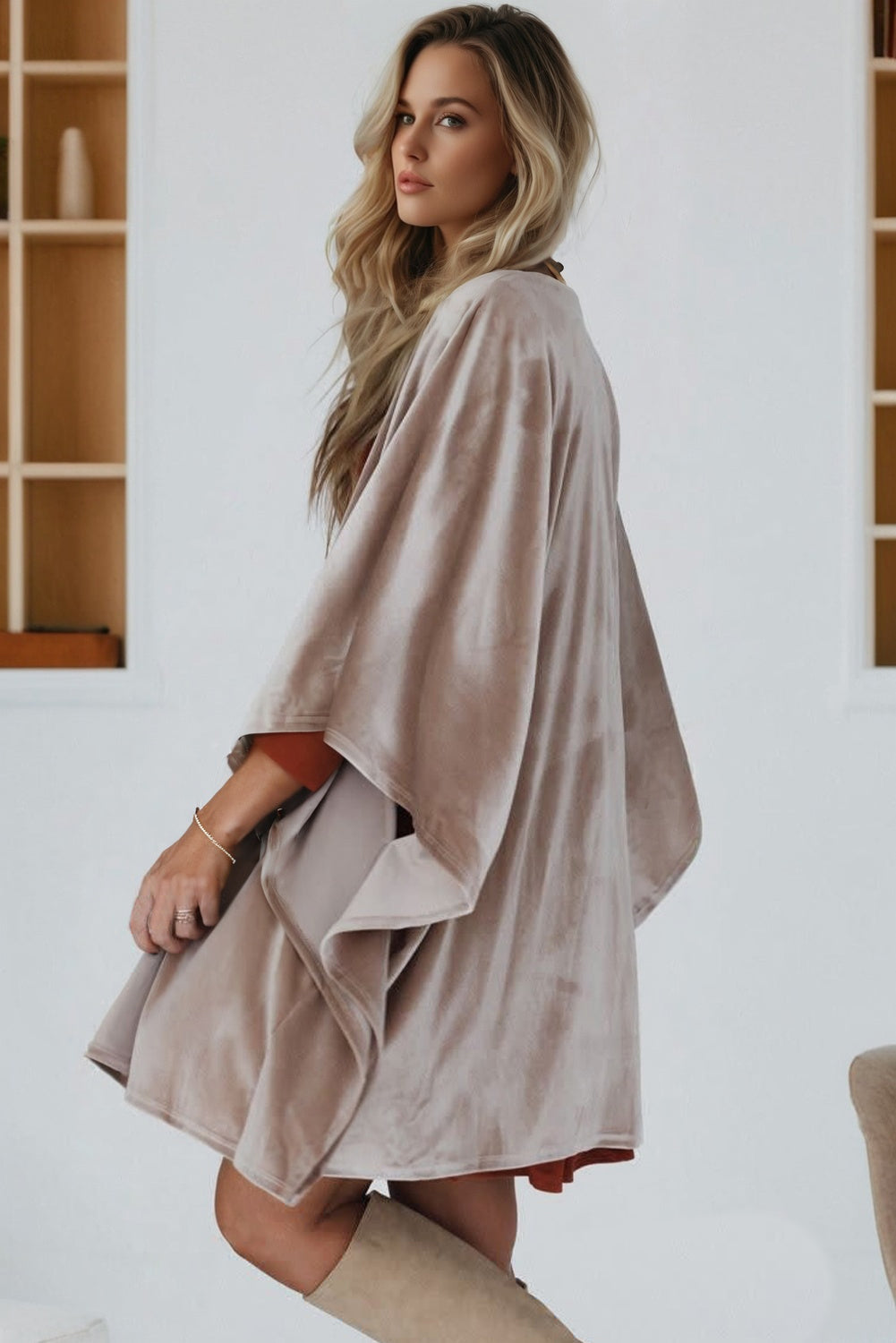 Open-Front 3/4 Sleeve Velvet Kimono in Smoke Gray